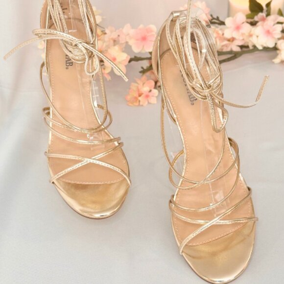 Light Gold, Heeled, Gladiator, Wrap Sandals, Size 9 - Picture 3 of 10